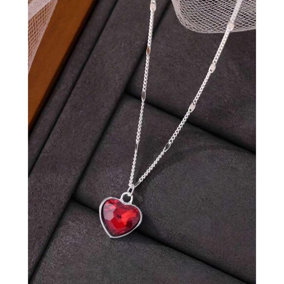 Heart-Shaped Red Crystal Pendant Necklace 925 Sterling Silver Women Jewelry Gift - Picture 4 of 6